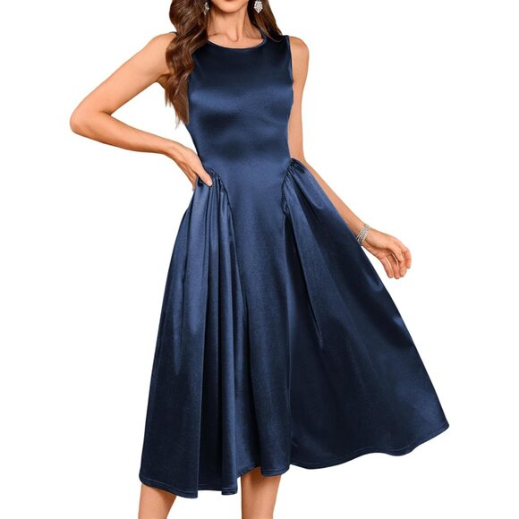 Women's Satin Cocktail Dress Semi Formal Sleeveless Midi for Wedding Guests - Picture 8 of 9